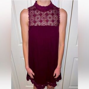Maroon High Neck Dress with Lace Accents